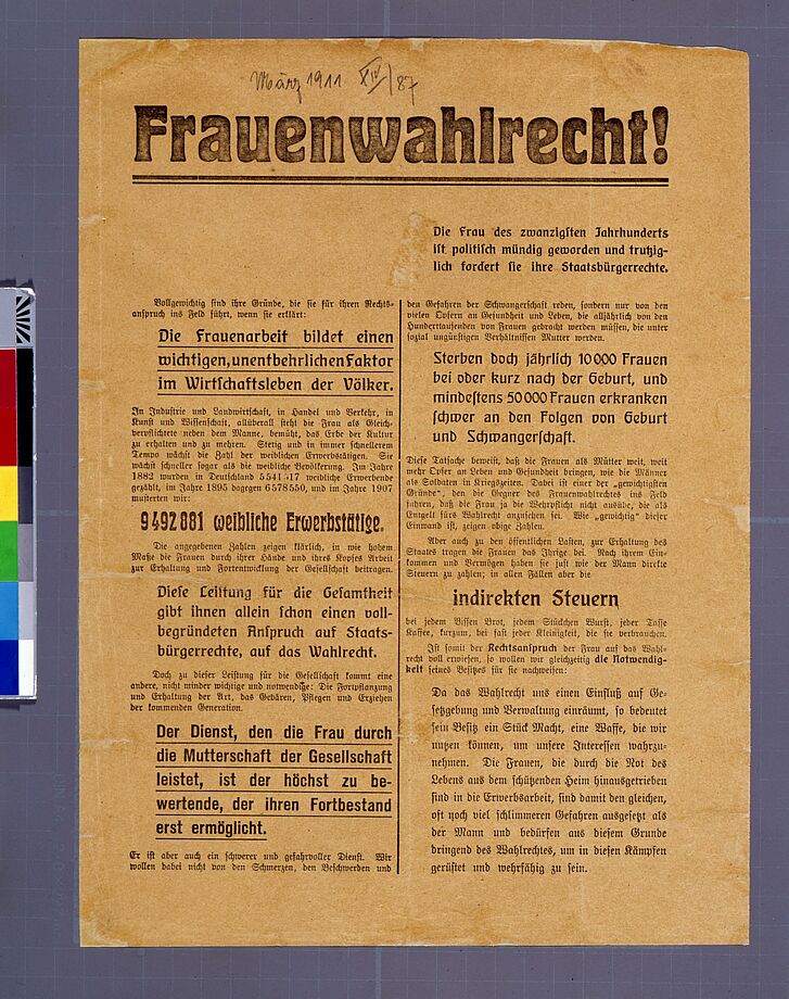 Handzettel zum Frauenwahlrecht.