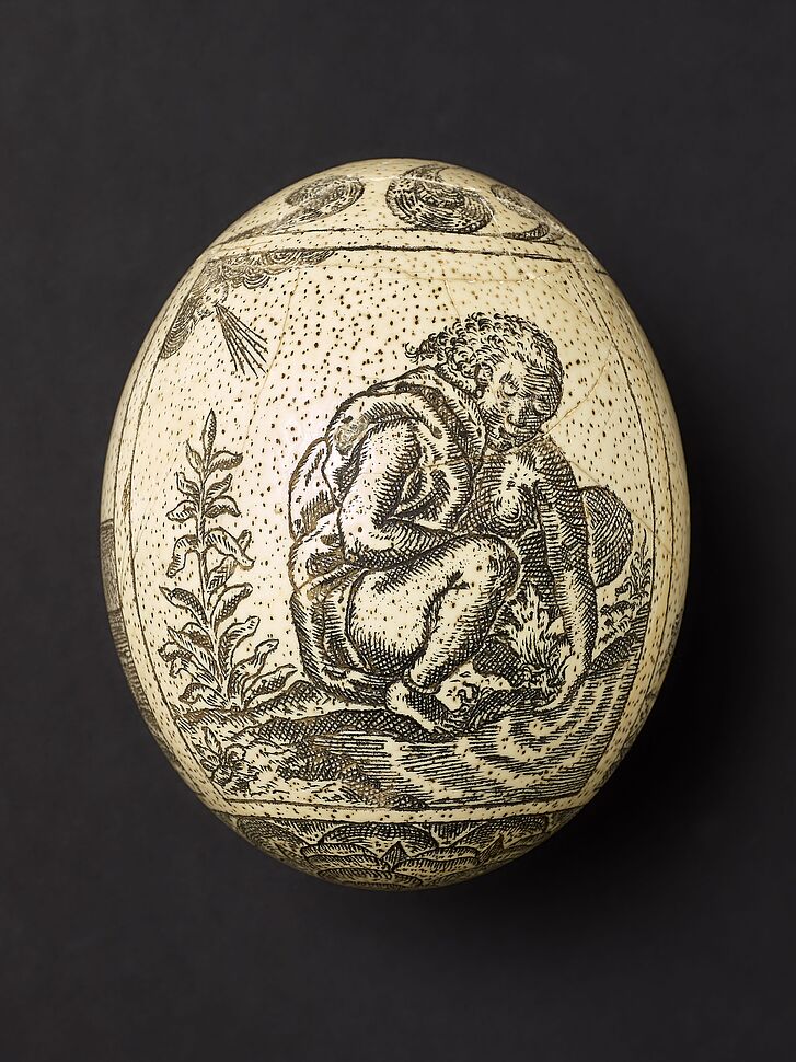 Engraved ostrich egg with motifs from Jan van Linschoten’s Itinerario (1594–1596), Netherlands, ca. 1600/1620 