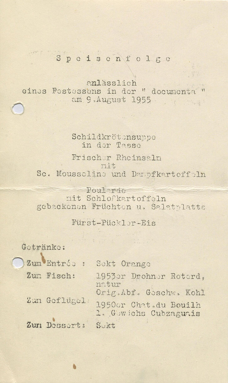 Menu of a dinner reception held for documenta on 9 August 1955 Menu of a dinner reception held for documenta on 9 August 1955
