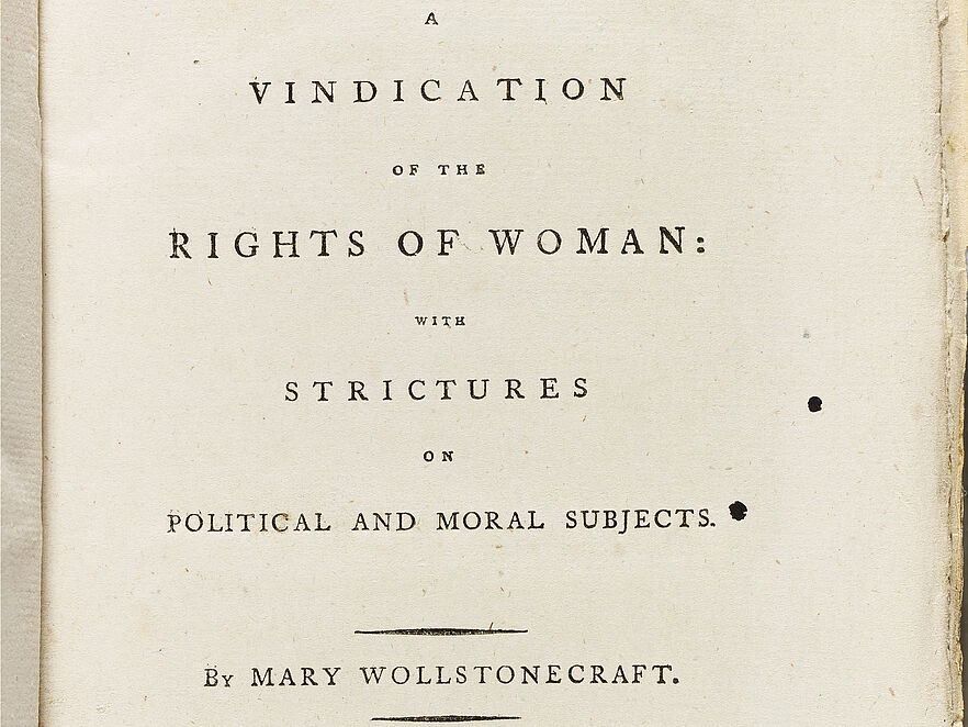 Vergilbte Titelseite mit Altersflecken: 2. Auflage von Mary Wollstonecrafts „A Vindication of the Rights of Woman: with Strictures on Political and Moral Subjects. Vol. I“, London, Printed for J. Johnson, No. 72, St. Paul’s Church Yard. 1792.
