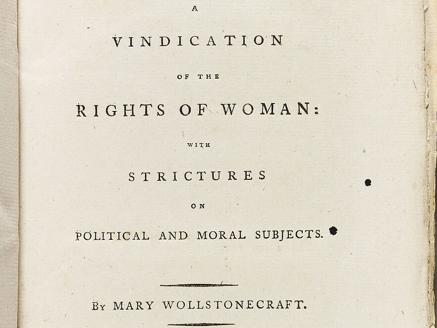 Vergilbte Titelseite mit Altersflecken: 2. Auflage von Mary Wollstonecrafts „A Vindication of the Rights of Woman: with Strictures on Political and Moral Subjects. Vol. I“, London, Printed for J. Johnson, No. 72, St. Paul’s Church Yard. 1792.