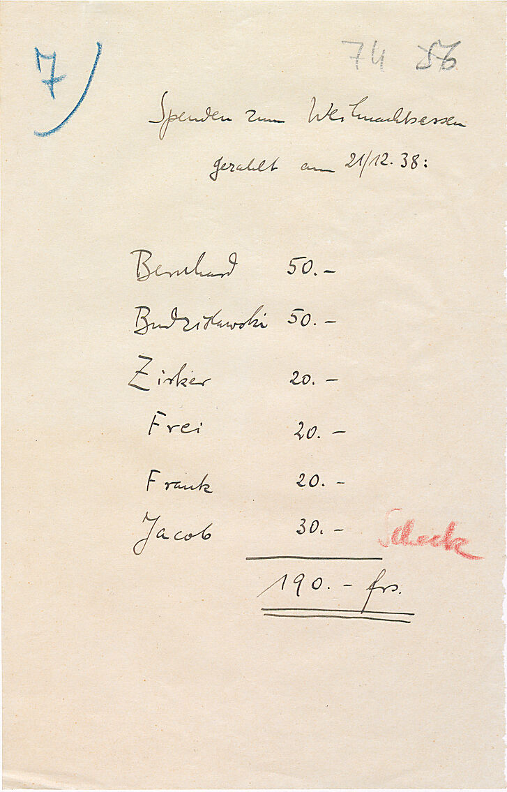 Donations for the christmans dinner of the Federation of German journalists in emigration, listed by Fred Stein Paris, 1938 © Berlin, Bundesarchiv, R/8052/7 Bl. 75