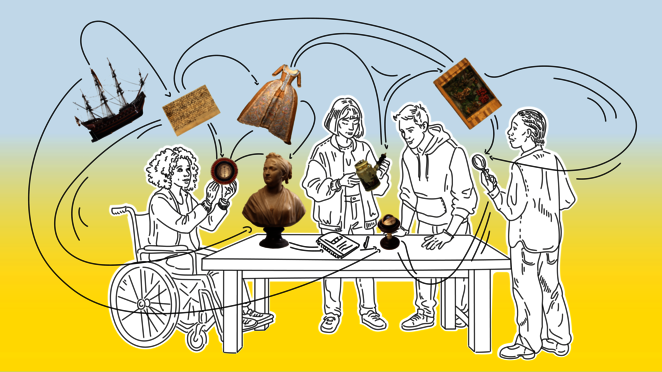 Schwarz-weiße Illustration auf blau-gelbem Hintergrund: Vier Jugendliche stehen und sitzen um einen Tisch, zwei davon halten historische Museumsobjekte in Händen, die jeweils nicht gezeichnet sondern fotografiert sind. Ein Mädchen im Rollstuhl hält eine Kokarde, eine zweite Jugendliche betrachtet ein Schokoladenkännchen. Auf dem Tisch stehen die Büste einer Frau und ein anatomisches Augenmodell. Schwarze Pfeile verbinden die Personen mit vier schwebenden historischen Objekten im Hintergrund: einem Schiffsmodell, einem handgeschriebenen Dokument, einem historischen Kleid sowie einem Holzbuch mit getrockneten botanischen Präparaten.