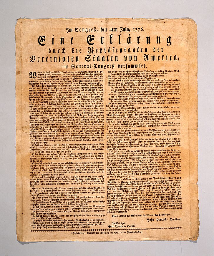 Erstdruck der Amerikanischen Unabhängigkeitserklärung in deutscher Sprache, Philadelphia, 6.-8. Juli 1776, © DHM