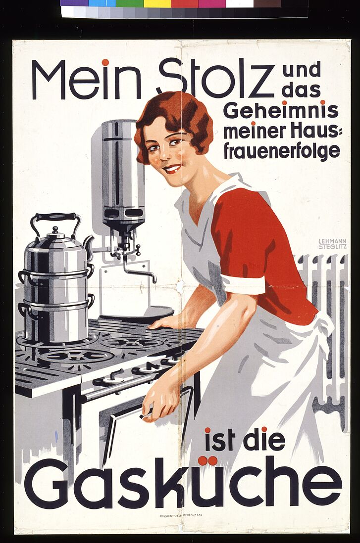 Werbeplakat für Gasküchen mit Illustration einer Hausfrau am Herd.