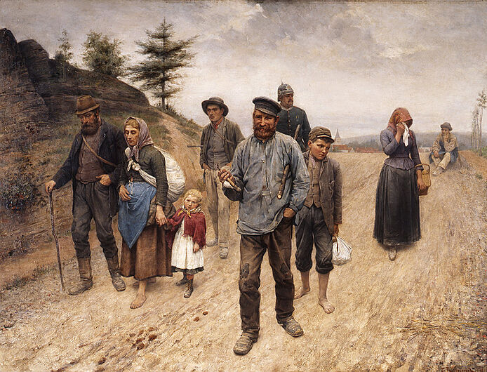 Josef Rolletschek, Die Vertriebenen, 1889. Ein Gendarm überwacht den Weiterzug von Wanderarbeitern. Bevölkerungswachstum und Industrialisierung führten zu einer Arbeitsmigration großen Umfangs. Pässe und Arbeitsbücher mussten der örtlichen Polizei vorgelegt werden. (Inv.Nr. Kg 54/259)