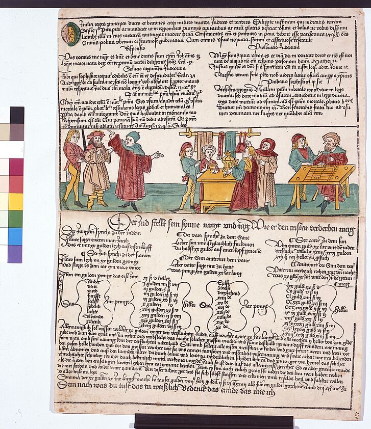 Antisemitisches Flugblatt aus dem 15. Jahrhundert mit Szene bei einem jüdischen Pfandleiher.