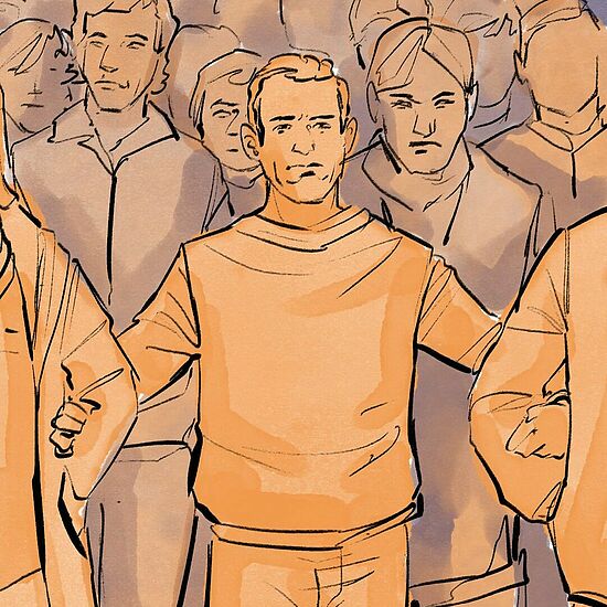 Illustration von Menschen in orange und braun, die sich versammelt haben und ernst schauen.