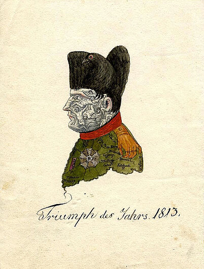 Gebr. Henschel, Der Leichenkopf - Karikatur auf die Niederlage Napoleons in der Völkerschlacht, Dezember 1813. Unmittelbar nach der Völkerschlacht von Leipzig schufen die Gebrüder Henschel die berühmteste Karikatur Napoleons. Der „Leichenkopf“ wurde in vielen gedruckten Versionen in ganz Europa verbreitet. (Inv.Nr. Gr 2007/33)