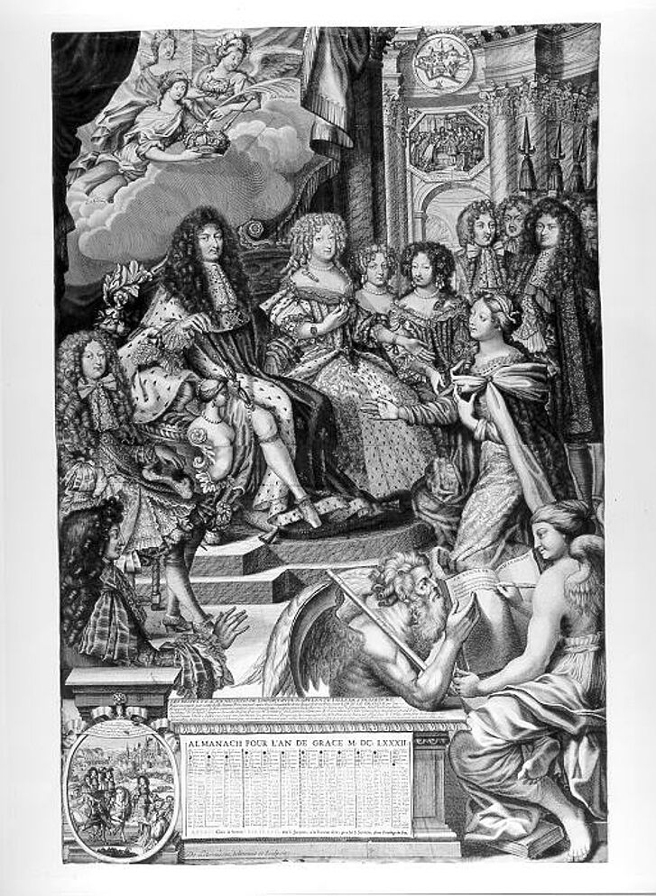 Barocke Illustration eines Monarchen auf dem Thron, umgeben von Adligen und allegorischen Figuren, mit einem Kalender für das Jahr 1683.