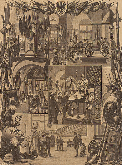 Innenansicht des Zeughauses in einem Zeitungsbericht anlässlich der Eröffnung des Museums 1883, Richard Lotter. In: Das Buch für Alle. Illustrierte Familienzeitung zur Unterhaltung und Belehrung, Heft 24, Stuttgart, 1883