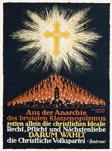 Hans Herkendell, Plakat der christlichen Volkspartei (Zentrum) zur Wahl der Verfassunggebenden Nationalversammlung 1919, 1918-1919. Die Zentrumspartei hatte ihre Stammwähler vor allem, in der katholischen Bevölkerung und erhielt 91 Sitze. Anstelle eines klassenkämpferischen Gegeneinanders propagierte die Partei ein christliches Miteinander. (Inv.Nr. P 61/1576)