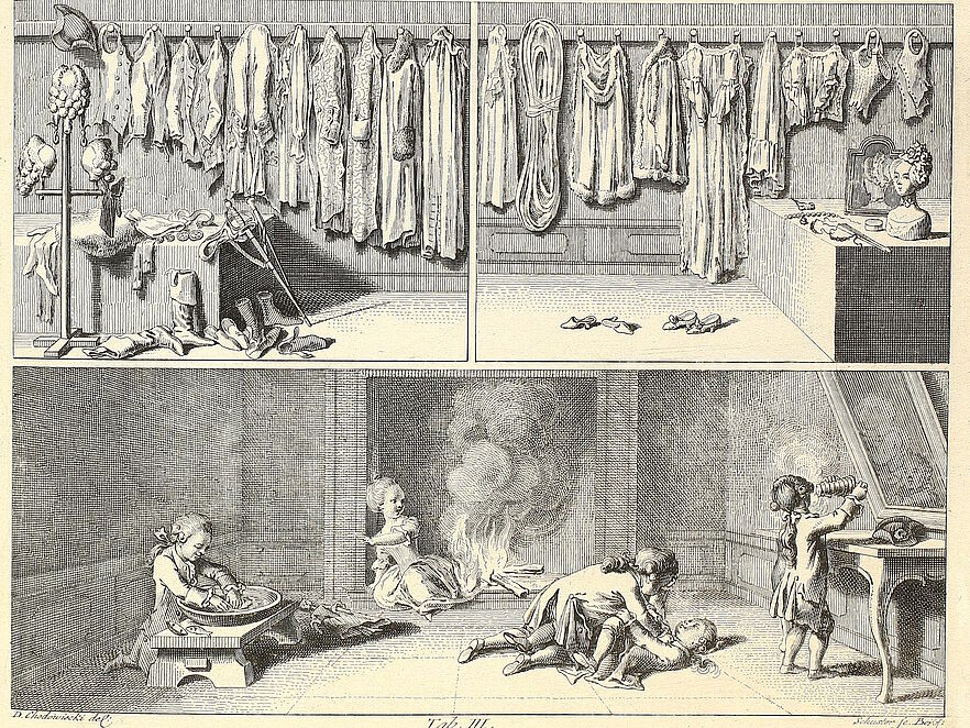 Tafel III aus Johann Bernhard Basedows „Elementarwerk“ (1774): Kupferstich mit drei Szenen. Oben links: ein Ankleideraum mit Männerkleidung und Perückenständer, am Boden Schuhe und weitere Kleidungsstücke. Oben rechts: ein zweiter Ankleideraum mit Frauenkleidung; rechts eine Büste mit Perücke sowie auf einem Sockel Schmuck und Schminke. Unten: eine breit angelegte Szene mit fünf Kleinkindern: links taucht ein Kind seine Hände in eine Schüssel mit Wasser, in der Mitte sitzt ein Kind am offenen Feuer und der Rock entzündet sich, zwei Kinder ringen mittig auf dem Boden miteinander, rechts steht ein Kind an einem Tisch und parfümiert sich aus einem Gefäß.