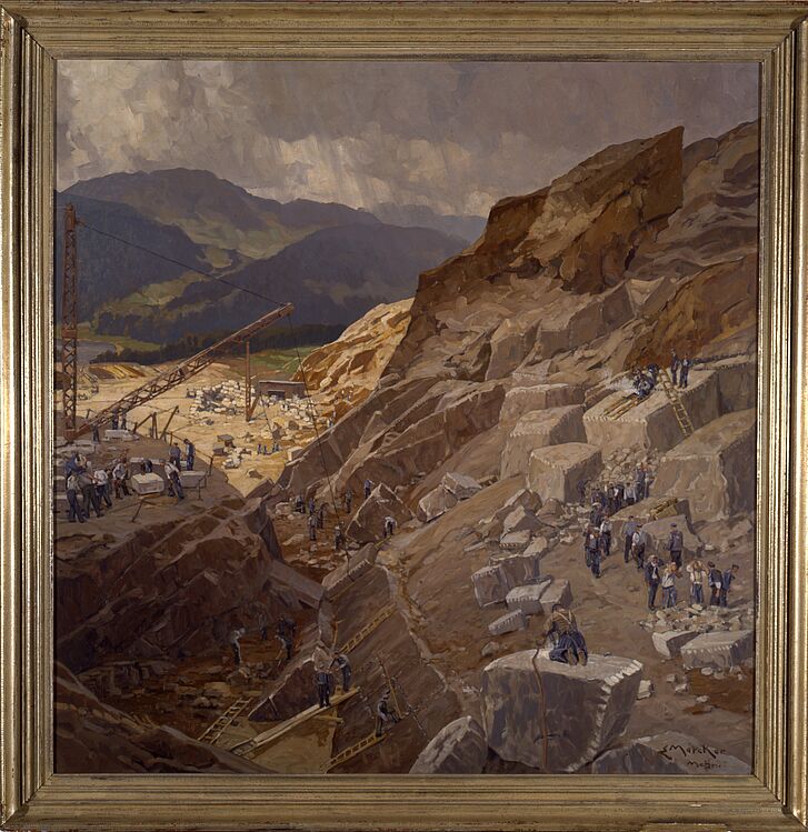 Mercker, Erich (1891-1973): Granitbrüche Flossenbürg, Öl auf Leinwand, 1938/1941 Steinbruch mit Personen