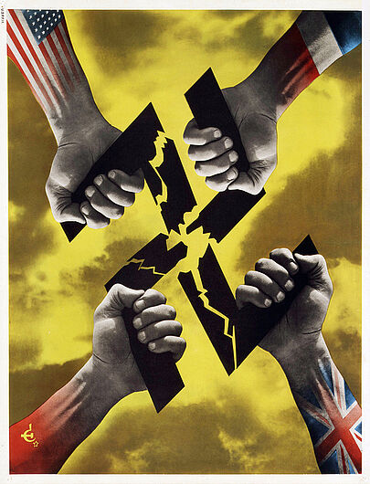 Französisches Propagandaplakat zur „Anti-Hitler-Koalition“, 1945. Französische Plakate verwiesen immer wieder auf die, Rolle Frankreichs als gleichberechtigter Partner in der, „Anti-Hitler-Koalition“, um die Beteiligung des Landes, an der Befreiung Europas herausstellen. (Inv.Nr. 1988/998.42)