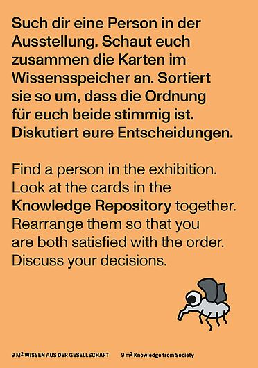 Orangefarbene Aktivierungskarte mit der Aufgabe: „Such dir eine Person in der Ausstellung. Schaut euch gemeinsam die Karten im Wissensspeicher an. Sortiert sie so um, dass die Ordnung für euch beide stimmig ist. Diskutiert eure Entscheidungen.“ Unten rechts stilisierte Fliegen-Illustration.