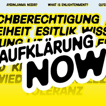 Grafik mit Text "Aufklärung Now" und anderen Wörtern.