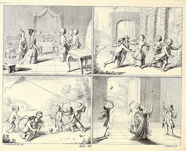 Tafel VI aus Johann Bernhard Basedows „Elementarwerk“ (1774): Kupferstich mit vier Szenen mit Kindern – Mädchen spielen vornehme Damen im Salon; Kinder spielen Verstecken im Freien; Jungen lassen einen Drachen steigen und treiben Reifen; Kinder spielen in einer Turnhalle Federball.