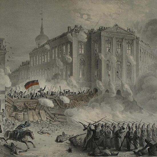 Barrikadenkampf am Alexanderplatz in Berlin in der Nacht vom 18. zum 19. März 1848