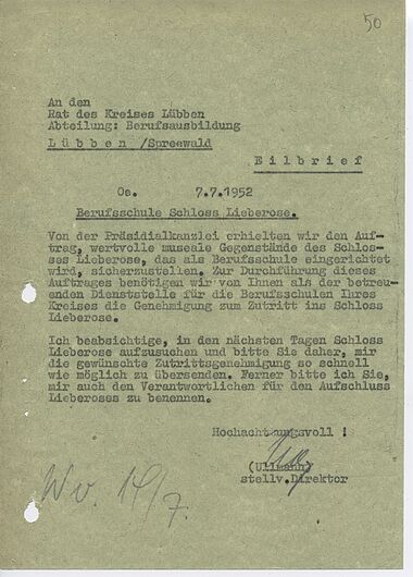 Schreiben Eduard Ullmanns an den Rat des Kreises Lübben, Abteilung Berufsausbildung vom 7. Juli 1952 (DHM-HArch MfDG/484.3, Bl. 50) © DHM