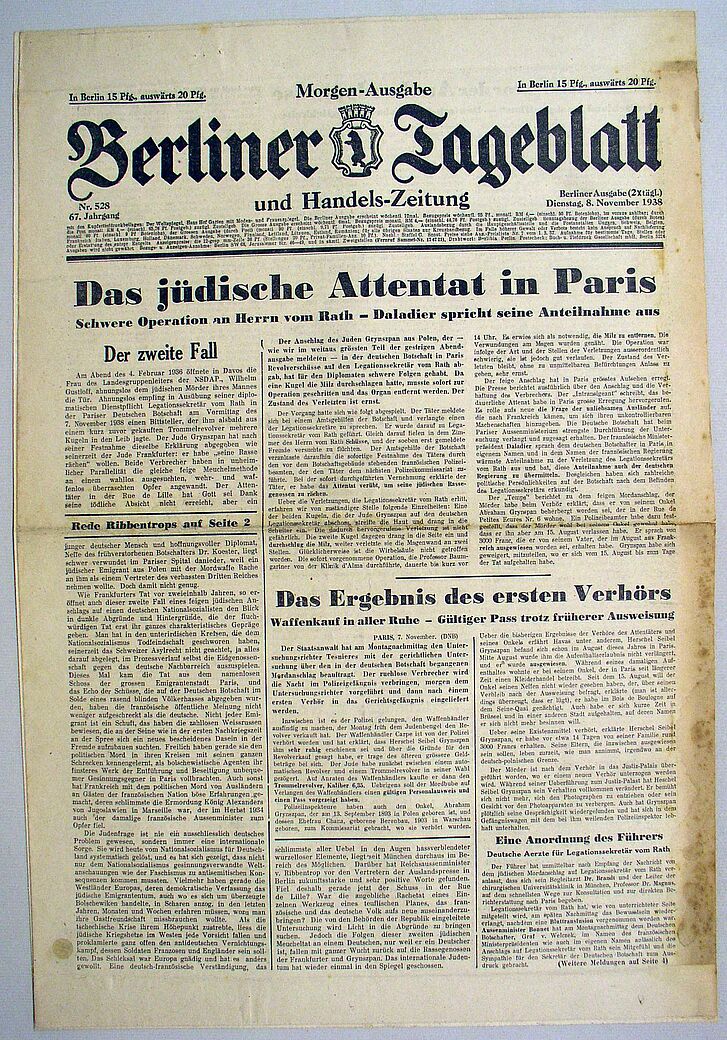 Titelseite Berliner Tageblatt 8.11.1938.