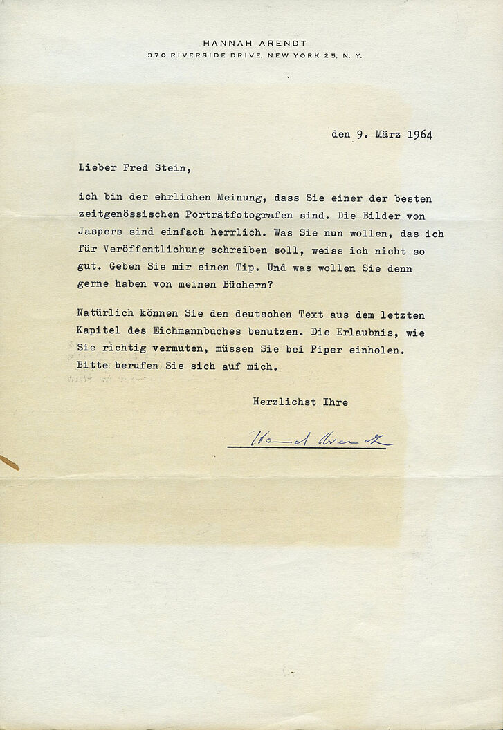 Letter from Hannah Arendt to Fred Stein, in which she refers to Stein as