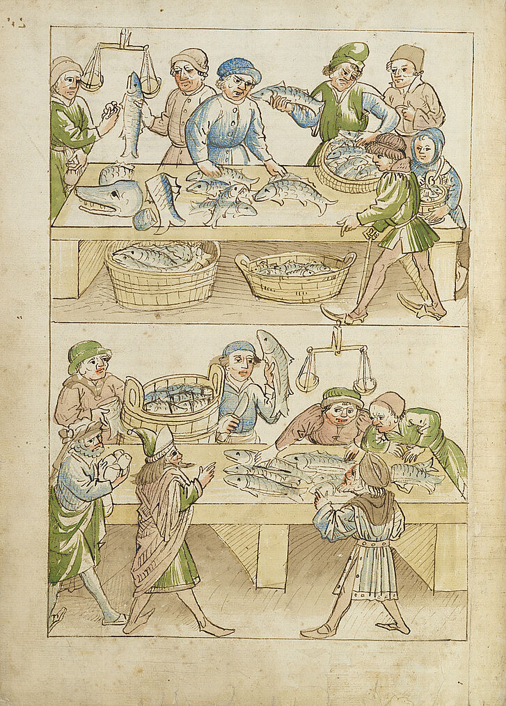 Darstellung von Marktszene mit Fischverkäufern und Besuchern in mittelalterlicher Stadtlandschaft.