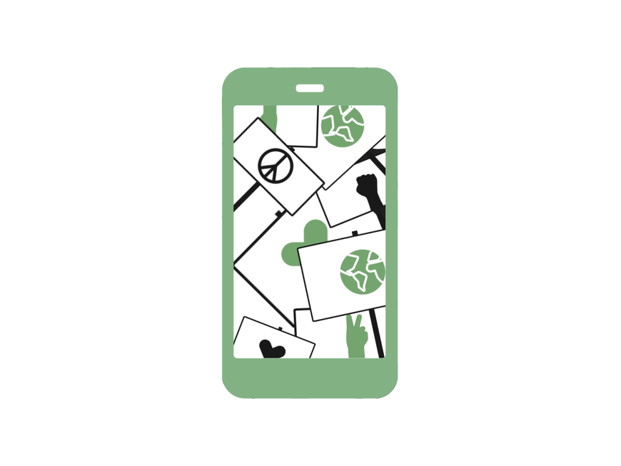 Handyillustration mit aktivistischen Schildern auf dem Screen.