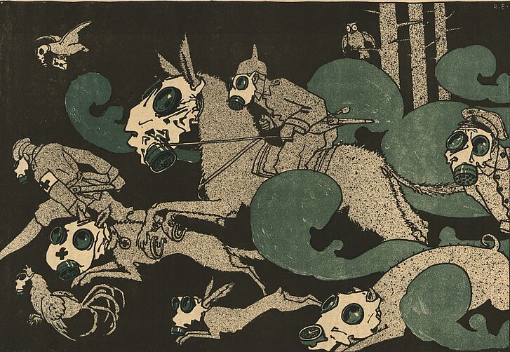 Eberle, Rudolf: Gaskrieg, in: Vogesenwacht, Nr. 6, 1916 Bild in schwarz grau und grün von Reitern mit Gasmasken