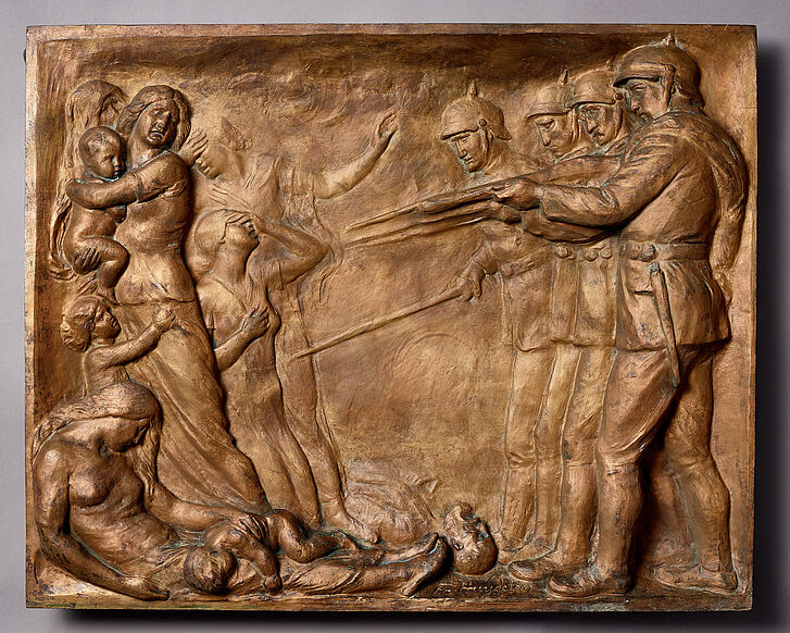 Relief von Frans Huygelen „Zur Erinnerung an Dinant“, um 1927, Bronze Bronzerelief