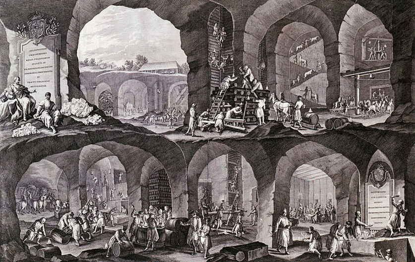 B. Müller / Johannes Esaias Nilson, Das polnische Salzbergwerk Wieliczka bei Krakau, um 1760.  Wieliczka zählte zu den bedeutendsten Salzvorkommen Europas. Als die sächsischen Kurfürsten 1697-1763 zugleich Könige von Polen waren, profitierte Sachsen von dem einträglichen Salzgeschäft. (Inv.Nr. Gr 73/138)