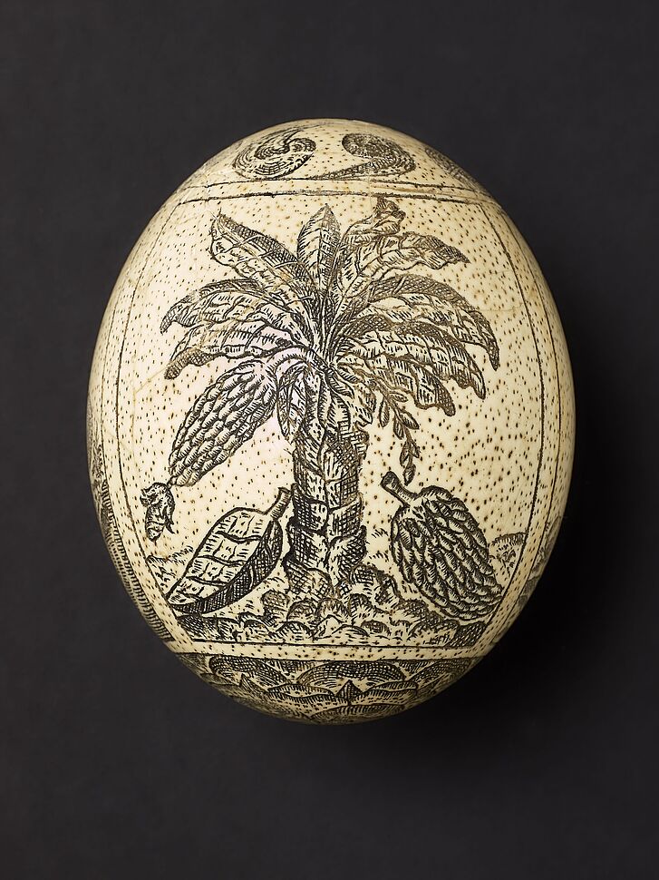Engraved ostrich egg with motifs from Jan van Linschoten’s Itinerario (1594–1596), Netherlands, ca. 1600/1620 