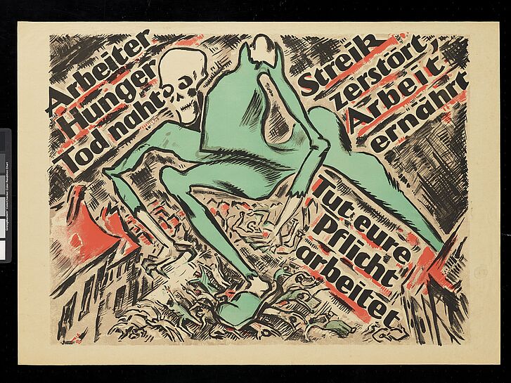 Plakat mit Skelett und Wörtern zu Arbeiterstreiks.