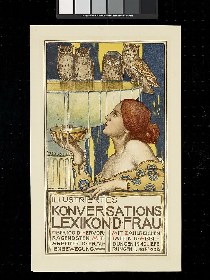 Plakat mit Frau und Brunnen und Eulen für ein Lexikon.