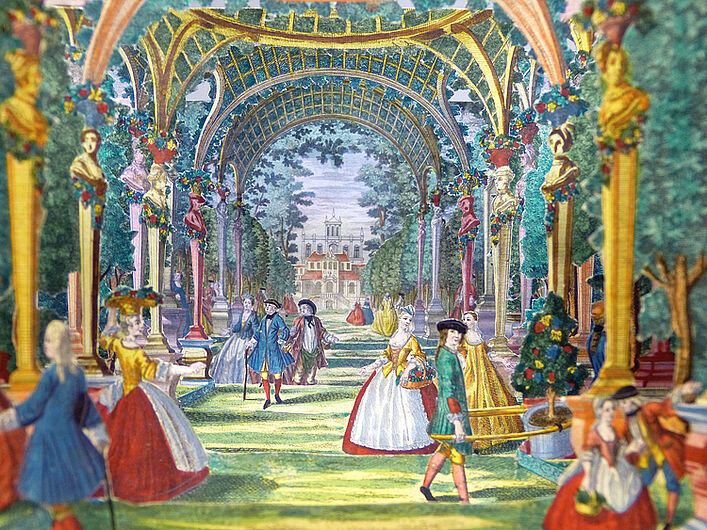 Martin Engelbrecht, Papiertheater „Barocke Gartenszene“, um 1750.  Im Sommer fand ein Großteil des höfischen Lebens in den Gartenanlagen statt. Rundbögen, Balustraden und Statuen vermitteln den Eindruck einer begrünten Theaterkulisse. (Inv.Nr. 1989/1586.1-6)