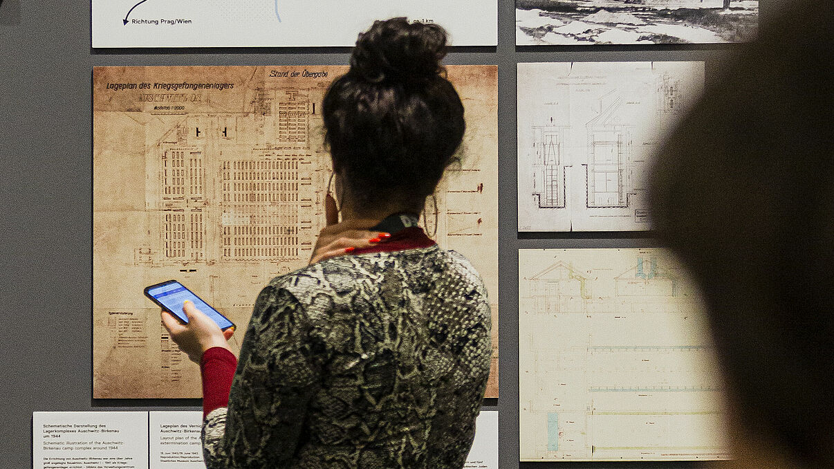 Eine Frau betrachtet ein Ausstellungsobjekt, welches an der Wand hängt und von Informationsschildern umgeben ist.