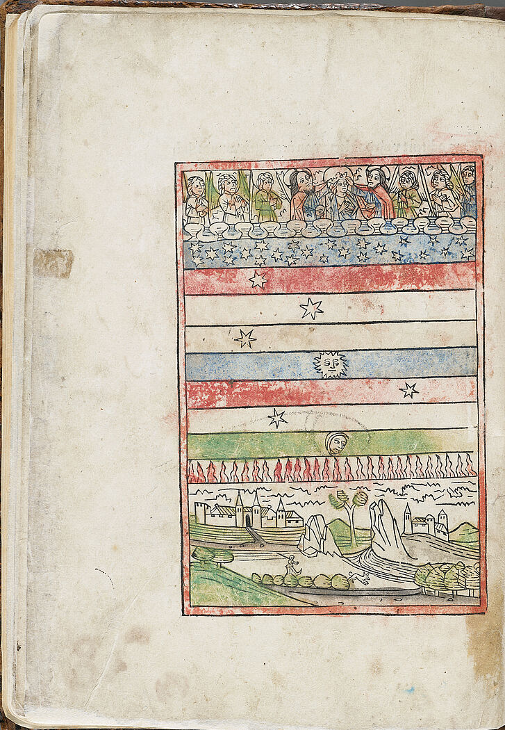 von Megenberg, Konrad (1309−1374): „Von den himeln und von den siben Planeten und den vier Elementen “, in: Buch der Natur, Holzschnitt, koloriert, Augsburg, 1478 Kunstwerk, kolorierter Stich