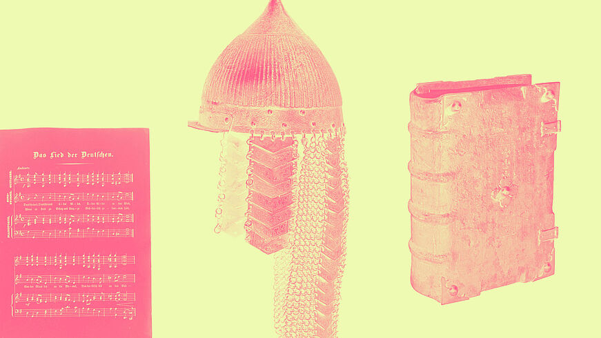 Design: DHM/ State Productions Lied der Deutschen, Sturmhaube und Ortenburg Bibel
