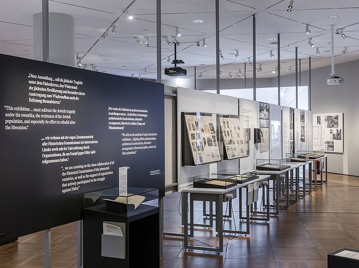 Exhibition view "On Displaying Violence: First Exhibitions on the Nazi Occupation in Europe, 1945-1948" - Exhibition Section "Undzer veg in der frayhayt" (Our Path to Freedom) Exhibition view "On Displaying Violence: First Exhibitions on the Nazi Occupation in Europe, 1945-1948" - Exhibition Section "Undzer veg in der frayhayt" (Our Path to Freedom)