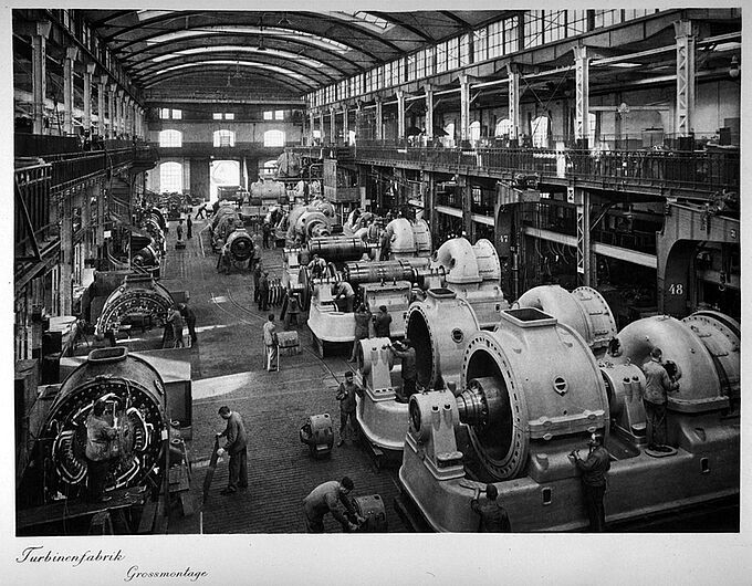 Turbine Factory, Large-Scale Assembly, Berlin, Allgemeine Elektricitäts-Gesellschaft, AEG 1883/1908, Berlin, 1908. Turbine Factory, Large-Scale Assembly, Berlin, Allgemeine Elektricitäts-Gesellschaft, AEG 1883/1908, Berlin, 1908. (Inv.Nr. B 57/3610)