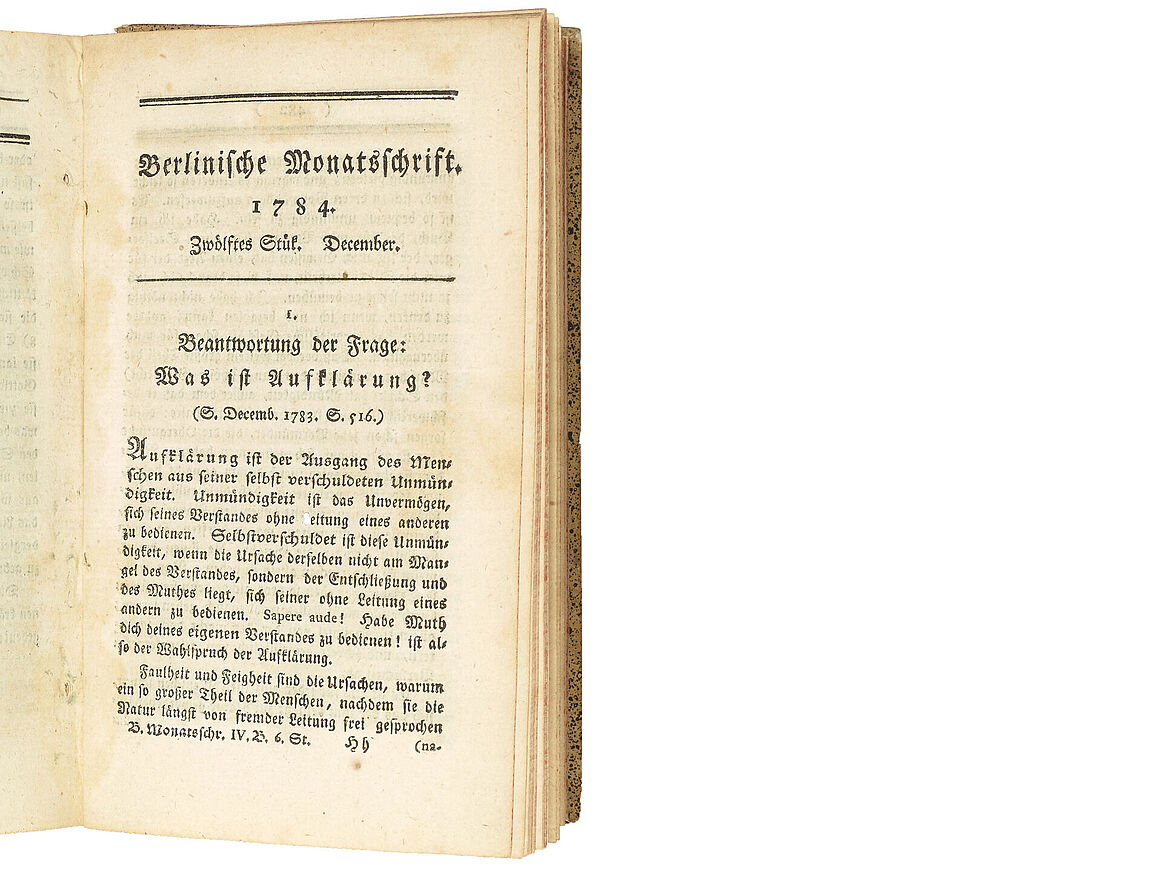 Titelseite von Immanuel Kants Aufsatz „Beantwortung der Frage: Was ist Aufklärung?“, in: Berlinische Monatsschrift (1784), Heft 12, S. 481–494 © DHM Titelseite von Immanuel Kants Aufsatz „Beantwortung der Frage: Was ist Aufklärung?“, in: Berlinische Monatsschrift (1784), Heft 12, S. 481–494 © DHM
