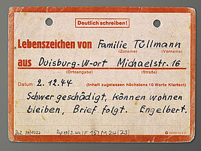 Urgent Message from a Family about the Apartment’s Damage by Bombs (on Postcard Form), December 2, 1944. Urgent Message from a Family about the Apartment’s Damage by Bombs (on Postcard Form), December 2, 1944. (Inv.Nr. Do2 99/1027)