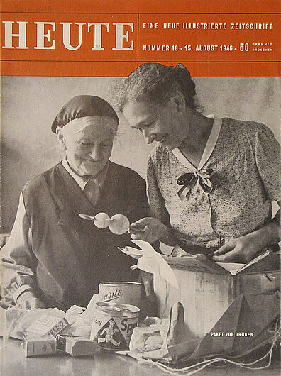 Zeitschrift „Heute“ mit einem Titelblatt zur CARE-Spendenaktion, 15. August 1946. Besonderer Wertschätzung bei Deutschen erfreuten sich die Pakete der amerikanischen Hilfsorganisationen, die von CARE (Cooperative for American Remittances to Europe) mit Qualitätsprodukten verschickt wurden. (Inv.Nr. Do2 94/2360)