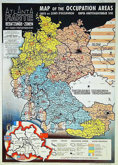 Politisch-administrative Karte von Deutschland und Österreich mit den Besatzungszonen nach dem II. Weltkrieg, um 1945. (Inv.Nr. Do2 1988/219)