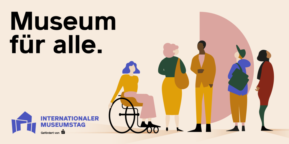 "Museum für alle" steht auf diesem Bild. Daneben sind fünf gezeichnete Personen, die jeweils unterschiedliche Bedürfnisse symbolisieren. Zum Beispiel sitzt eine Person in einem Rollstuhl.
