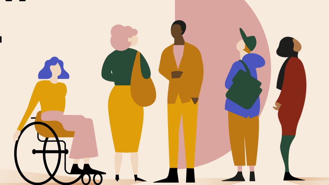 "Museum für alle" steht auf diesem Bild. Daneben sind fünf gezeichnete Personen, die jeweils unterschiedliche Bedürfnisse symbolisieren. Zum Beispiel sitzt eine Person in einem Rollstuhl.