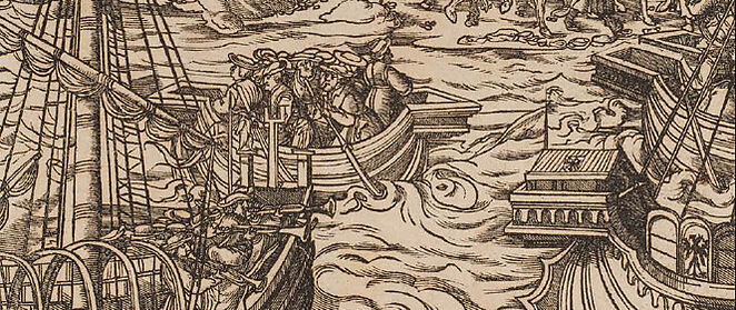 Ausschnitt des historischen Holzschnitts mit Schiffen und Personen auf dem Meer.