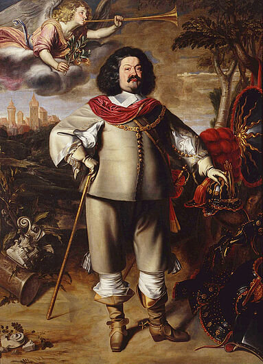 Anselmus von Hulle, General Octavio Graf Piccolomini Piere de Arragona (1599-1656), Herzog von Amalfi als Hauptbevollmächtigter während des Nürnberger Friedenskongresses 1650/51, 1650-1651.  Das Portrait zeigt Piccolomini auf dem Höhepunkt seiner Karriere. Mit Friedensengel und abgelegter Rüstung lässt er sich als erfolgreicher Vermittler im Westfälischen Frieden darstellen. (Inv.Nr. Gm 95/65)