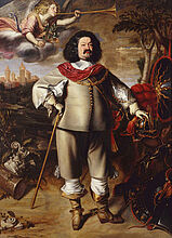Anselmus von Hulle, General Octavio Graf Piccolomini Piere de Arragona (1599-1656), Herzog von Amalfi als Hauptbevollmächtigter während des Nürnberger Friedenskongresses 1650/51, 1650-1651.  Das Portrait zeigt Piccolomini auf dem Höhepunkt seiner Karriere. Mit Friedensengel und abgelegter Rüstung lässt er sich als erfolgreicher Vermittler im Westfälischen Frieden darstellen. (Inv.Nr. Gm 95/65)