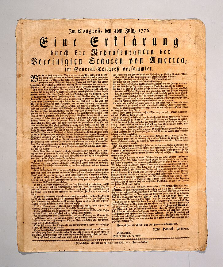 First printing of the Declaration of Independence of the United States of America from 4 July 1776, printed in German by Steiner and Cist, Philadelphia, 8 July 1776 